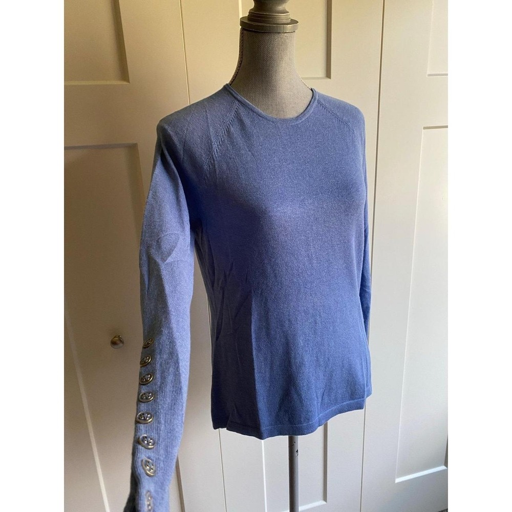 J McLaughlin Cashmere Sweater Small Blue Crew Neck Button Sleeve s62